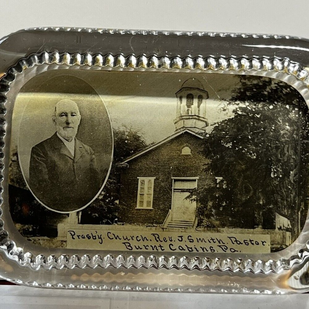 4” Old Glass Paperweight Picture 1 Pound!  Burnt Cabins Church Pa.  Pastor Photo